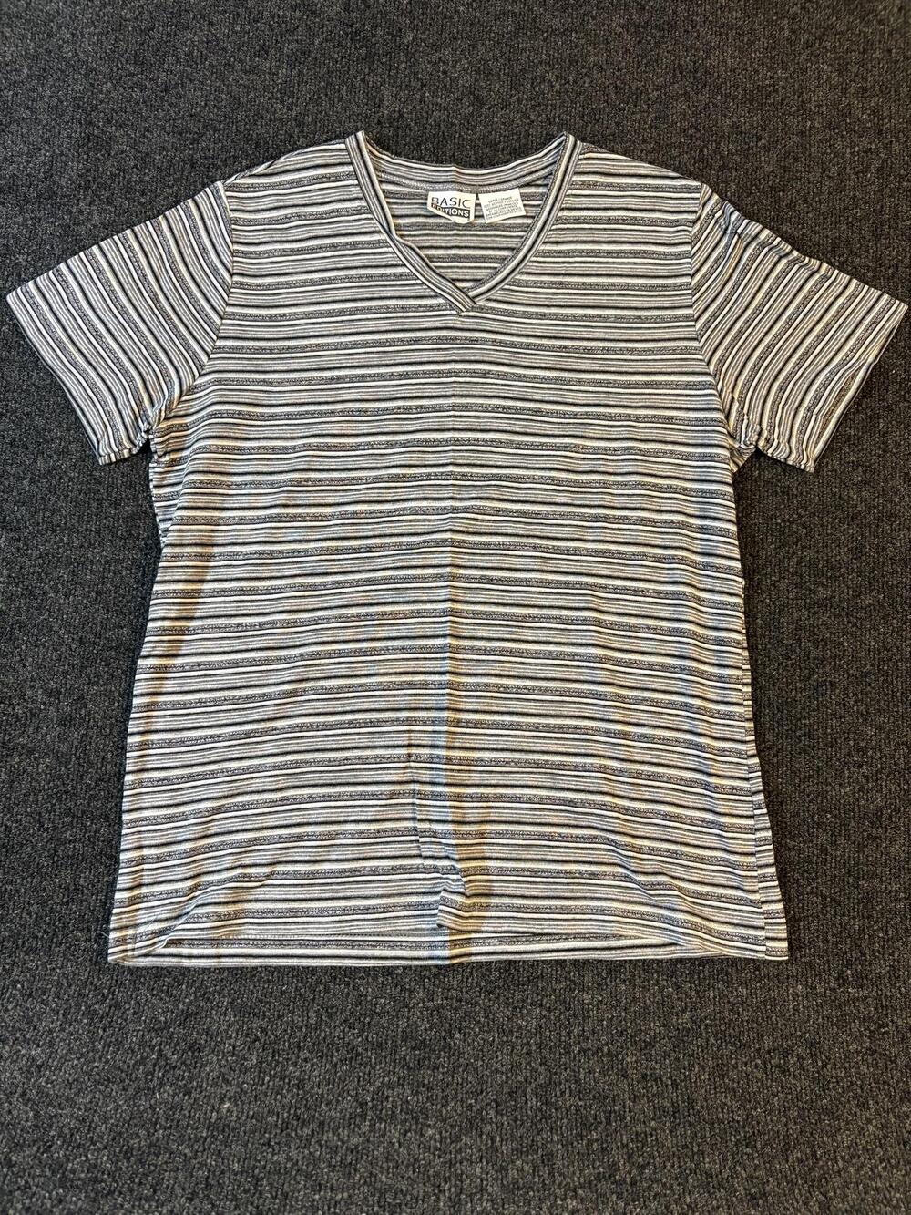 Vtg Basic Editions Shirt Womens Large Gray Striped V Neck Acrylic Knit T-Shirt